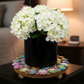 Handcrafted Tree of Life mosaic plant stand with colorful tile patterns, ideal for showcasing potted plants indoors or outdoors.