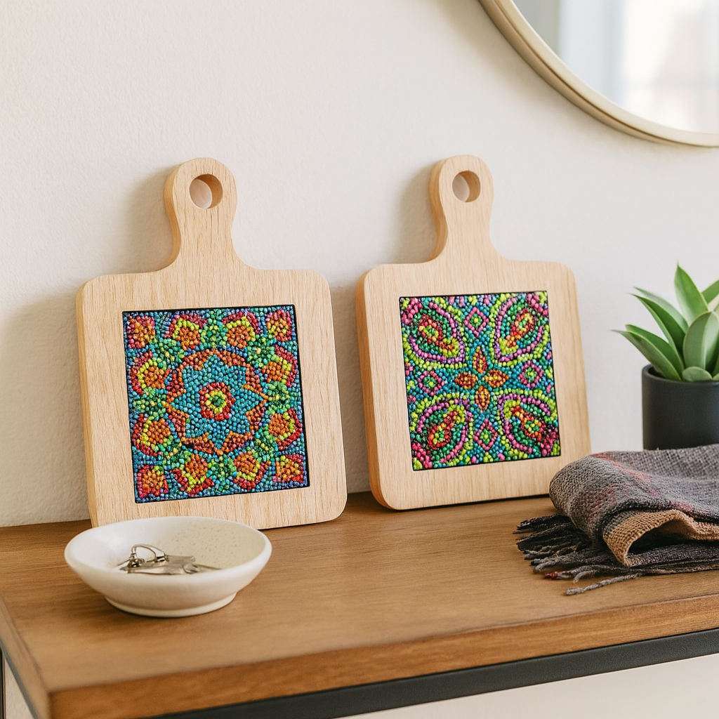 Handcrafted diamond art wood cutting board with intricate diamond design, featuring smooth polished surface and natural wood grain.