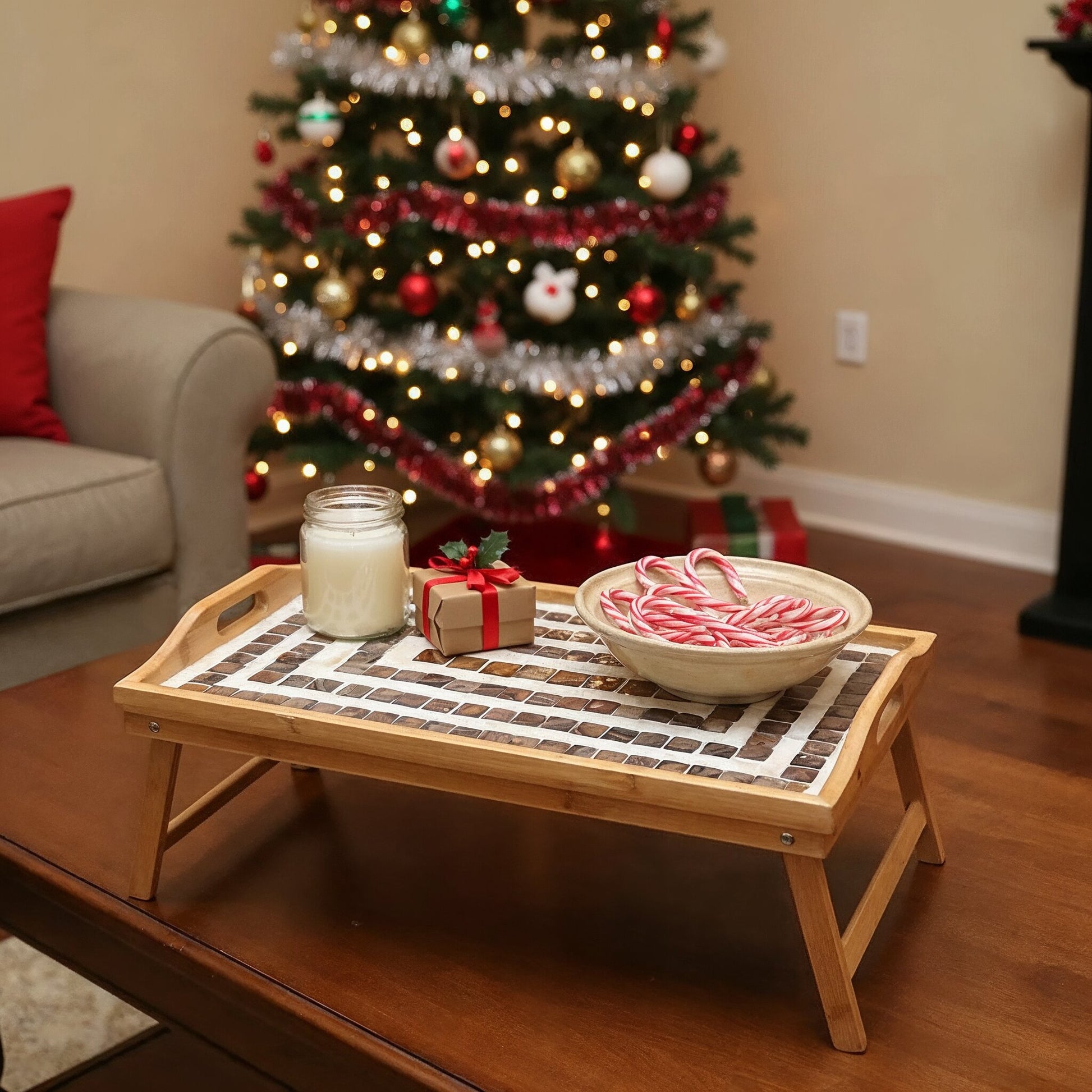 Rustic bamboo bed tray with stone mosaic inlay, showcasing a natural wood finish and decorative surface for serving or breakfast.