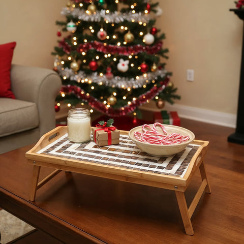 Brown and White Mother of Pearl Mosaic Wooden Bed Tray