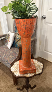 Tall Orange Decorative Planter| Handmade | Burnt Orange | Handpainted| Plant Tower | Recycled Materials