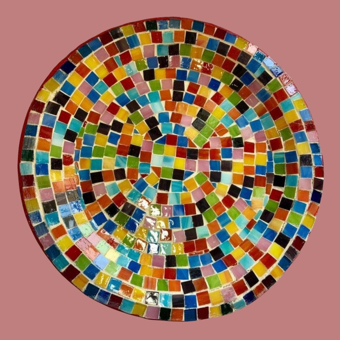 Colorful rainbow mosaic decorative wall plate with intricate tile design, suitable for wall decor and artistic home accents.