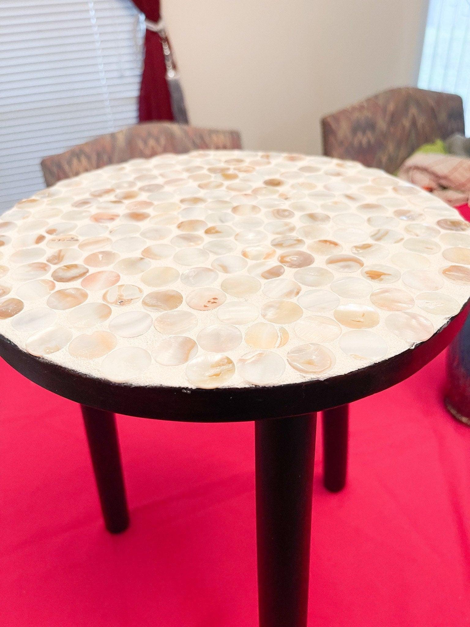 Tall Capiz shell mosaic plant stand with intricate glass shell pattern, perfect for displaying potted plants indoors.