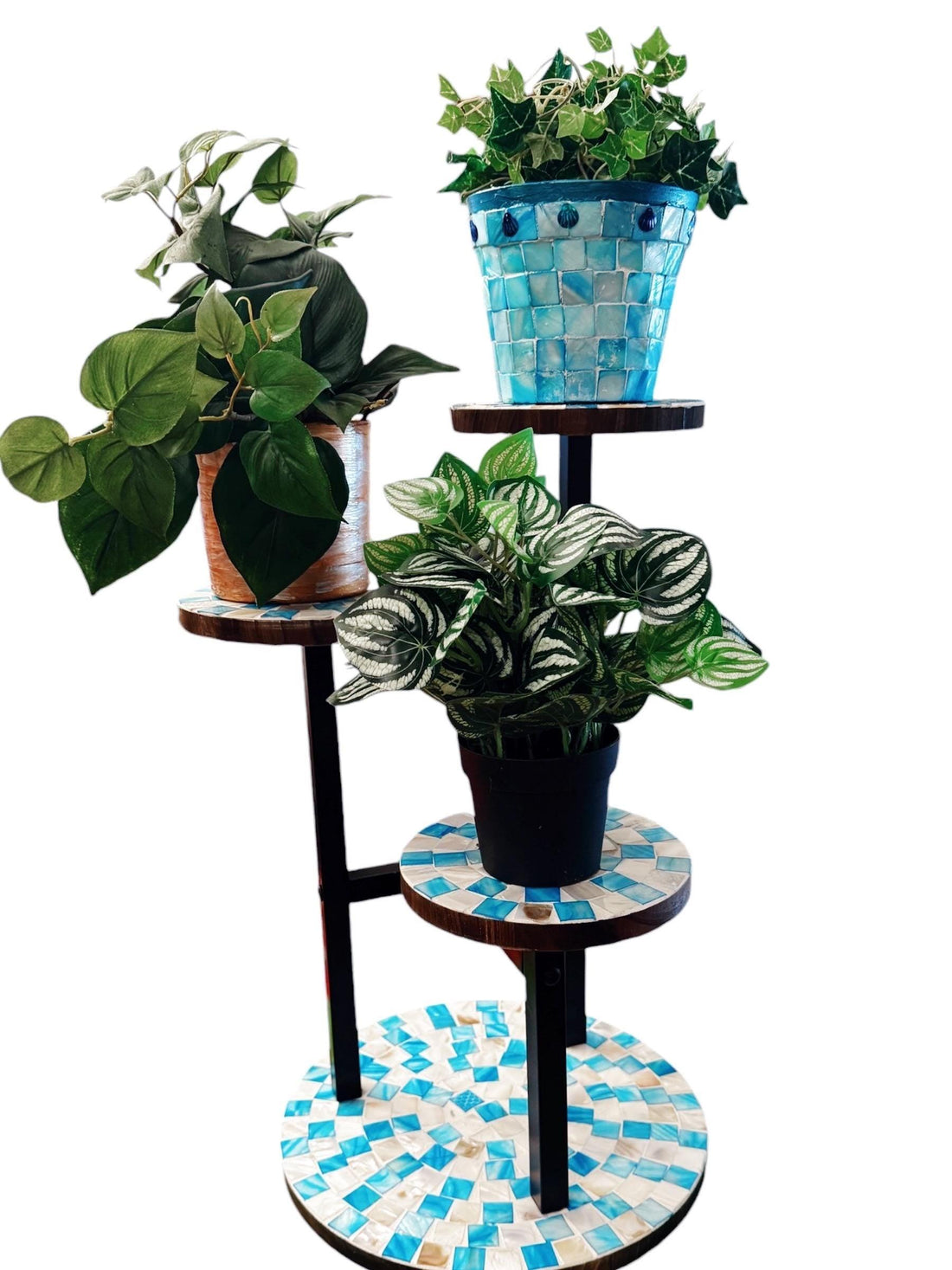 3-tier Azure mosaic plant stand with colorful ceramic tiles and metal frame, perfect for displaying potted plants indoors or outdoors.