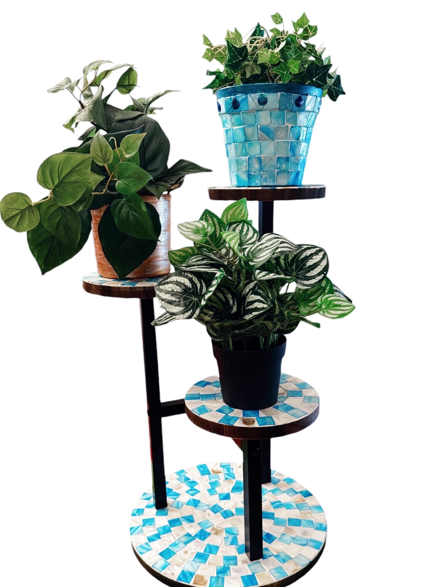 Three-tier azure mosaic plant stand with decorative ceramic tiles, perfect for indoor or outdoor display of potted plants.