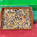 Artisan teal mosaic round box with intricate tile pattern, handcrafted ceramic storage container.