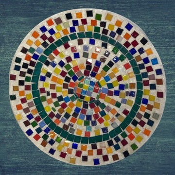Colorful handcrafted rainbow tile decorative plate with vibrant geometric patterns and glossy finish.