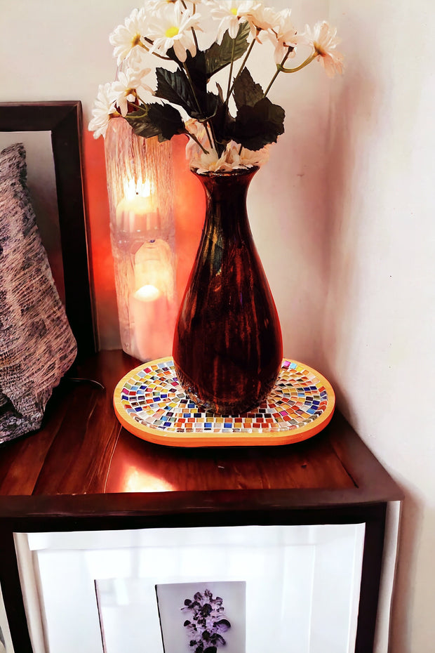 Plant Stand, Multi-Use Tray Wood and Mosaic Medium Size