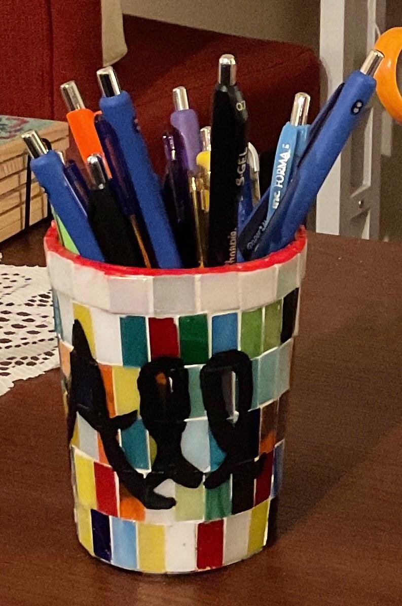 Set of three "All My Stuff" storage cups by Miss Bette's Creations, featuring colorful, stackable containers with lids.