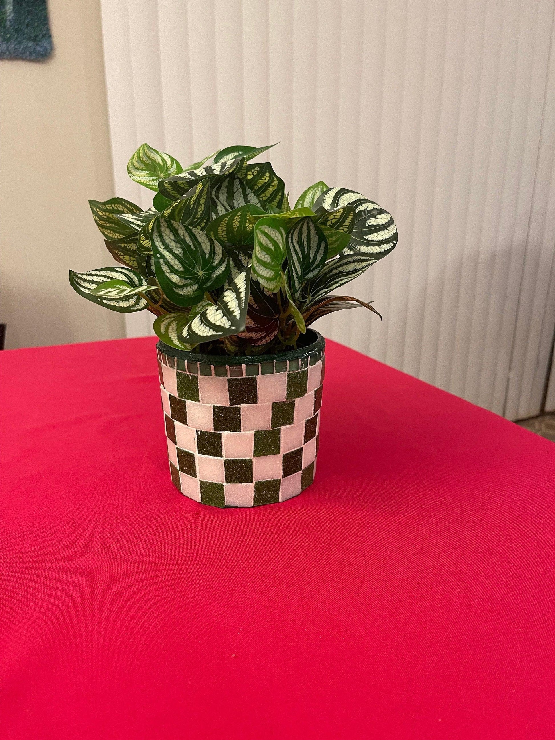 Modern green and white checkerboard mosaic herb planter with a ceramic finish, perfect for indoor or outdoor herb gardening.