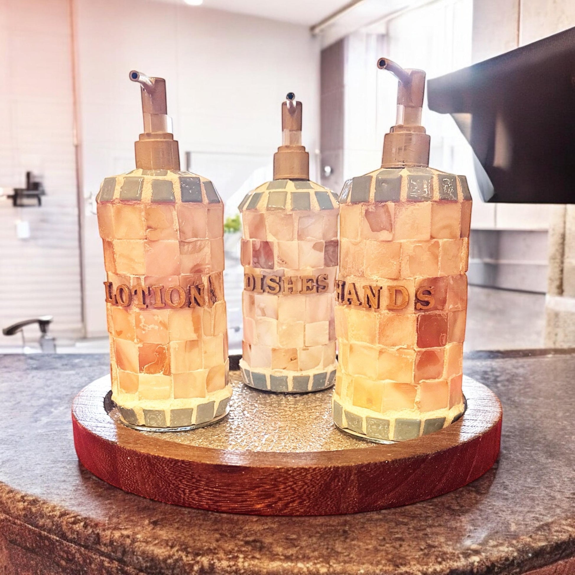 Handcrafted mosaic soap and lotion dispenser set with colorful tile design, featuring two ceramic pumps and decorative mosaic accents.