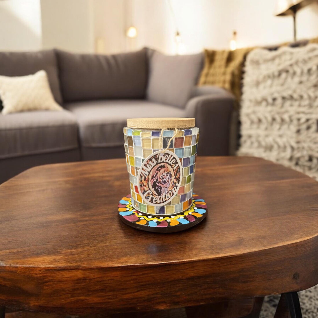 Artisan handcrafted mosaic glass jar with bamboo lid, featuring colorful glass mosaic design and natural bamboo accents.