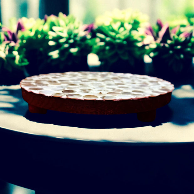 Scalloped Mother of Pearl Plant Stand | Round Tiles | 10” Round Stand | Wooden Plant Stand