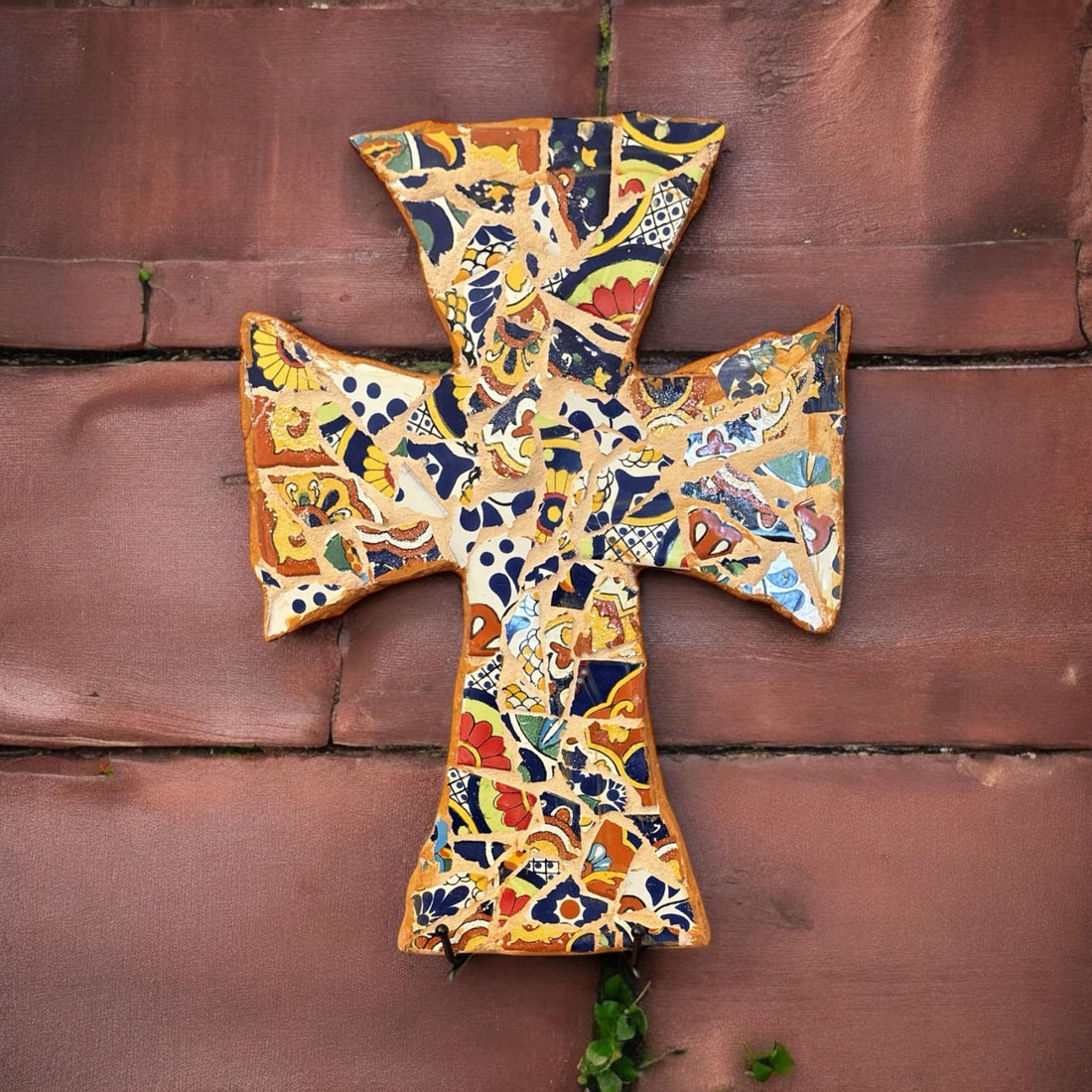 Colorful Mexican mosaic tile Christian wall cross with intricate patterns and vibrant tiles, ideal for religious home decor.