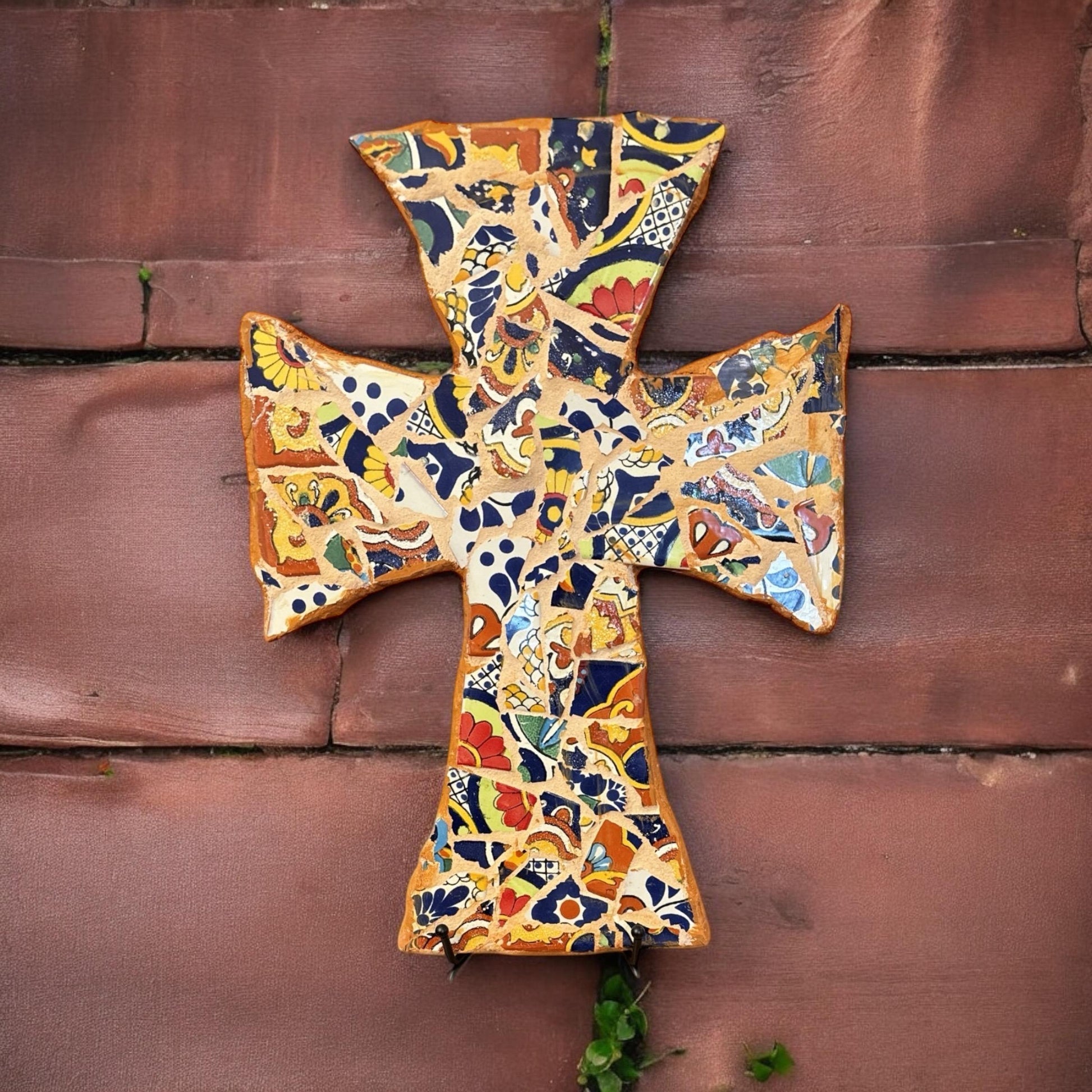 Colorful Mexican mosaic tile Christian wall cross with intricate patterns and vibrant tiles, ideal for religious home decor.