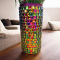 Prismatic rainbow mosaic cylindrical vase with colorful glass tiles, tall and sleek, ideal for decorative floral arrangements.