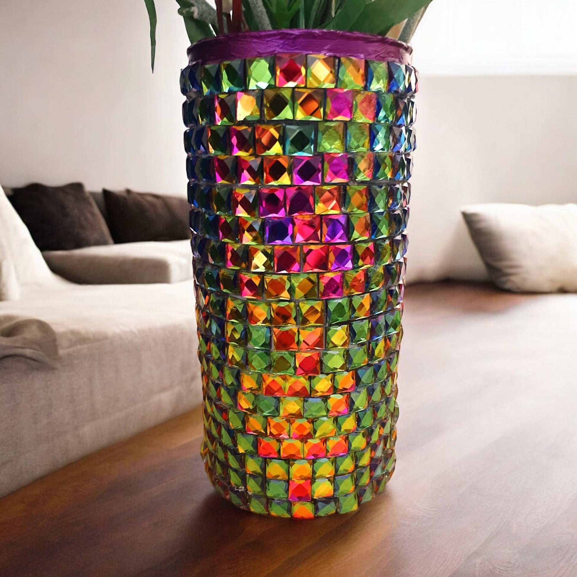 Prismatic rainbow mosaic cylindrical vase with colorful glass tiles, tall and sleek, ideal for decorative floral arrangements.