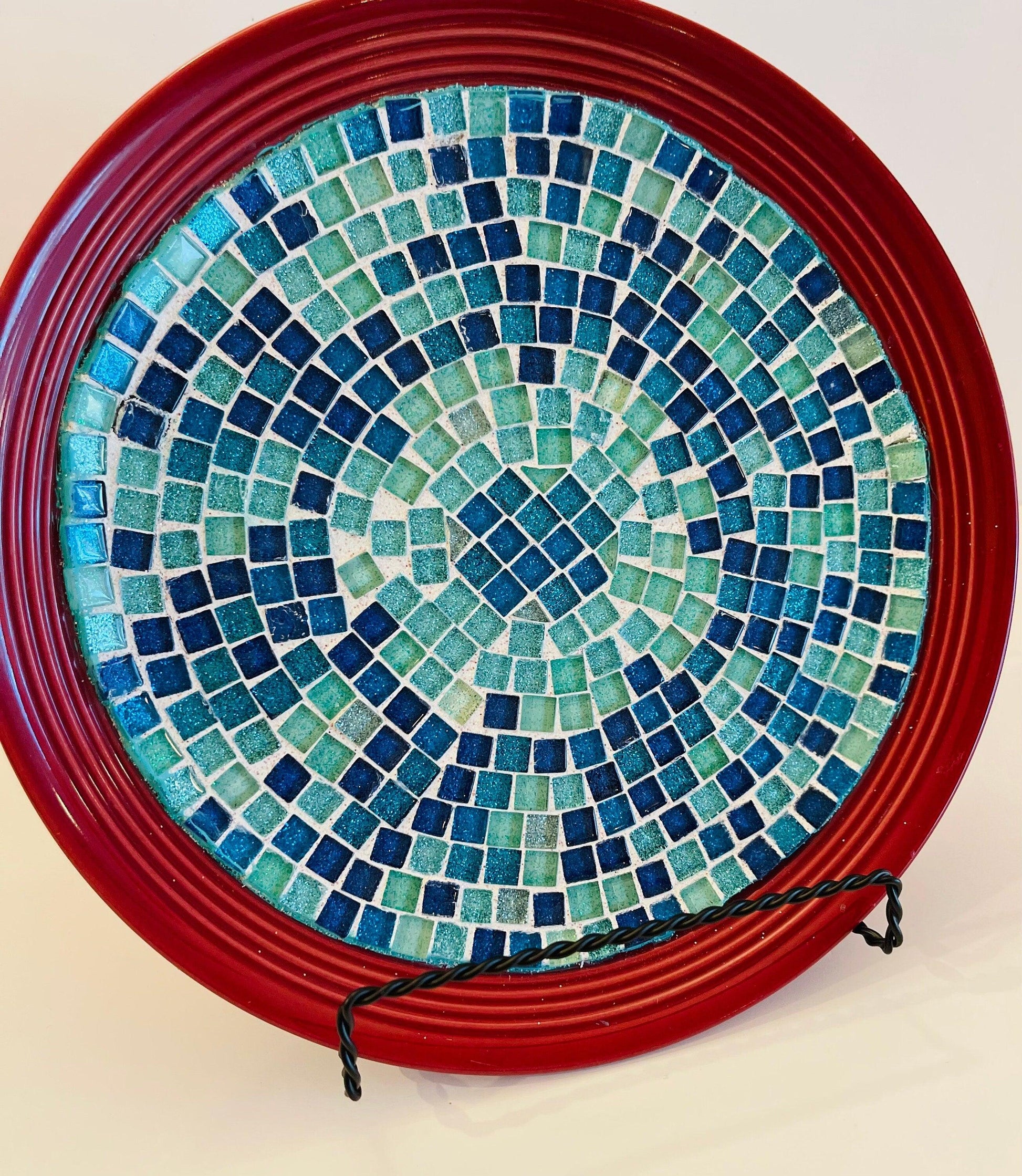 Deep crimson ceramic plate featuring ocean breeze mosaic pattern, crafted by My Store.