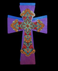 Handmade decorated Christian cross wall hanging with intricate details and craftsmanship, perfect for religious home decor.