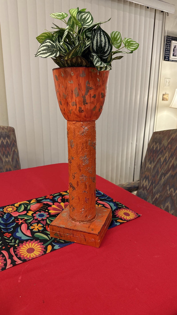 Tall Orange Decorative Planter| Handmade | Burnt Orange | Handpainted| Plant Tower | Recycled Materials