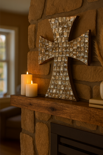 Mother of Pearl Mosaic Cross, handcrafted religious wall decor with iridescent pearl tiles, suitable for spiritual or decorative display
