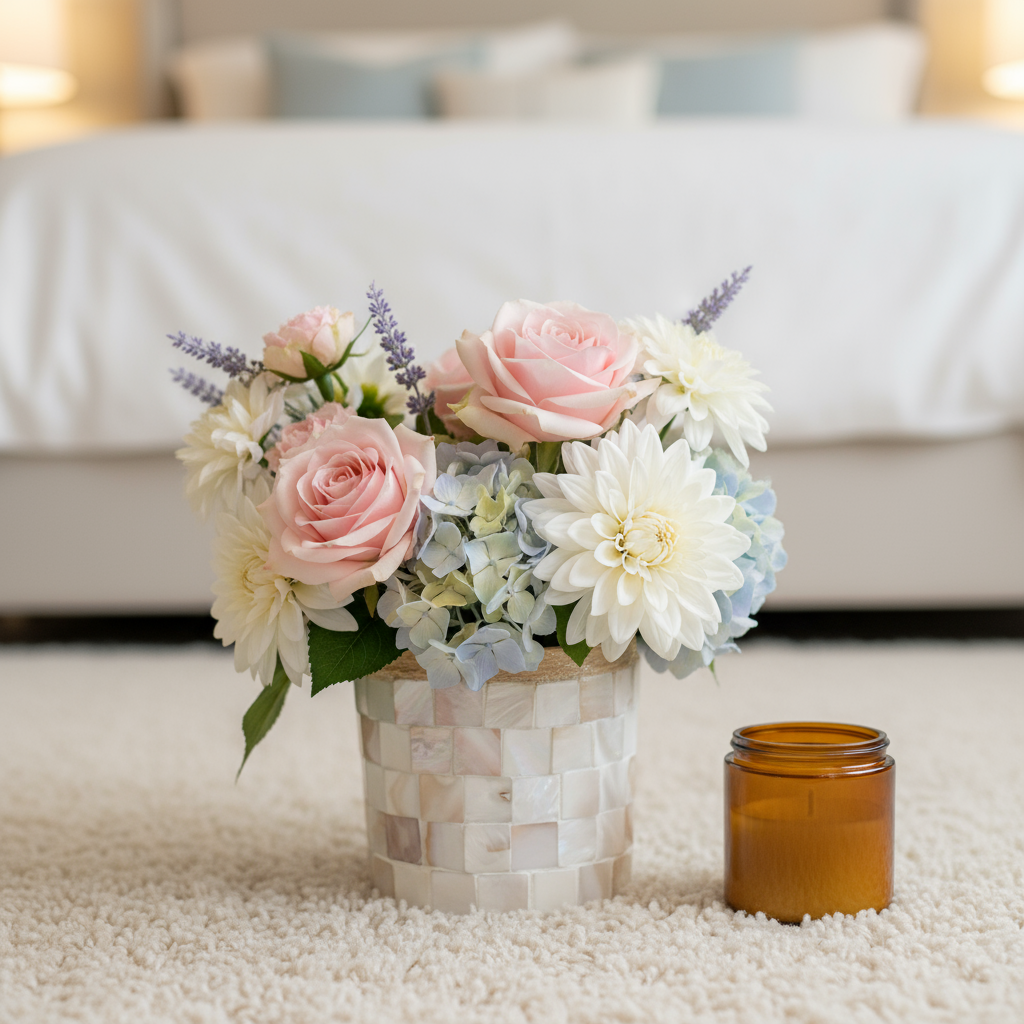 Handcrafted Mother of Pearl mosaic planter with intricate tile design by Miss Bette's Creations.