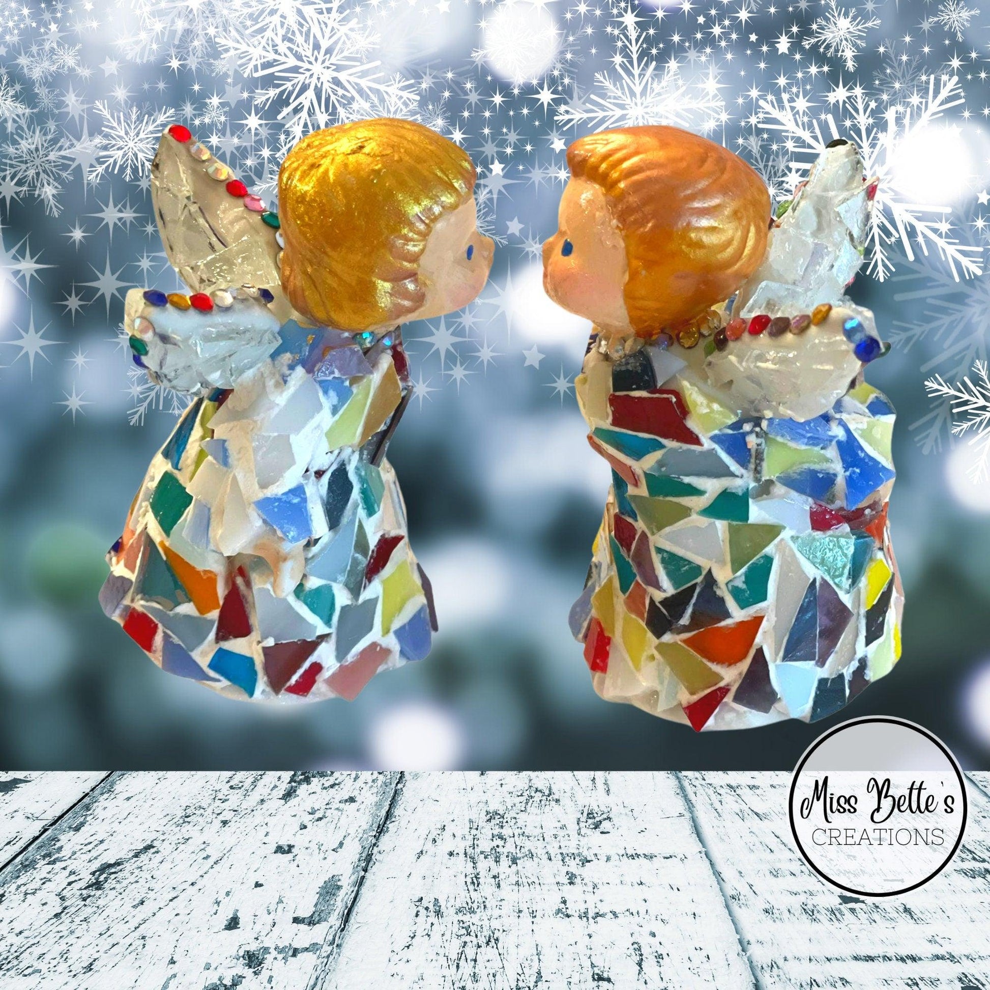 Two handmade Christmas angel decorations with intricate details, perfect for holiday decor and festive ambiance.