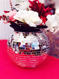 Mirror ball disco globe vase with reflective surface and spherical shape, perfect for modern home decor and floral arrangements.