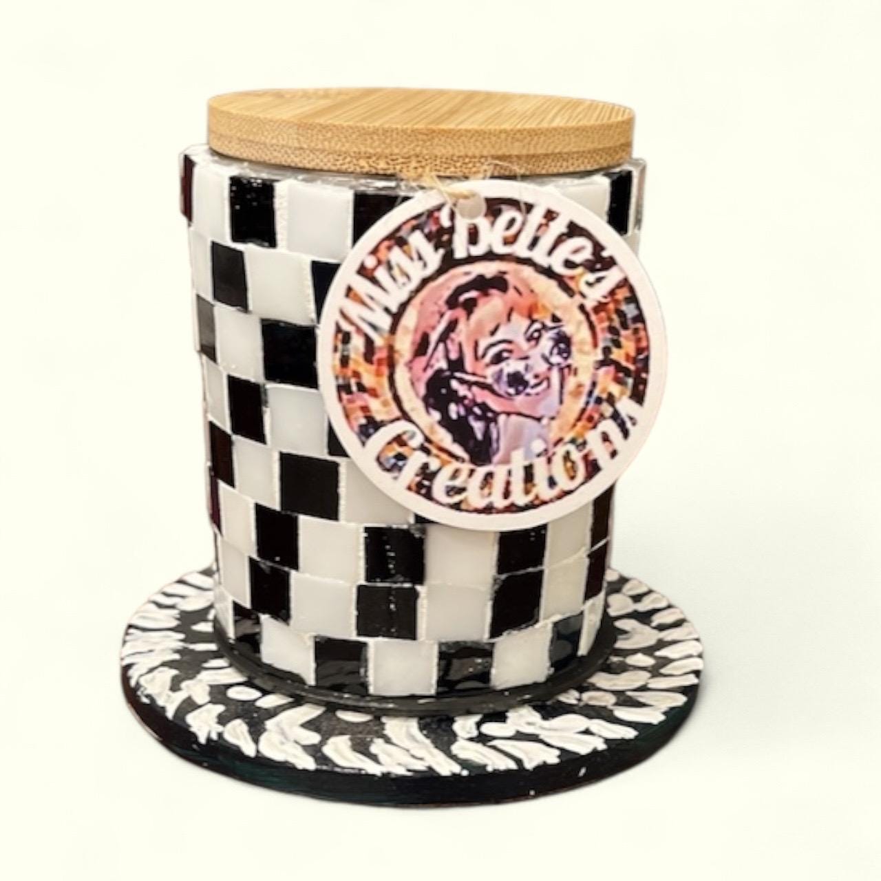 Black and white checkerboard mosaic jar with handcrafted design, featuring intricate tile patterns and a smooth, rounded shape.
