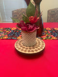 Handmade Sandy Beach mosaic plant stand with colorful tile design and sturdy metal frame for indoor or outdoor use.