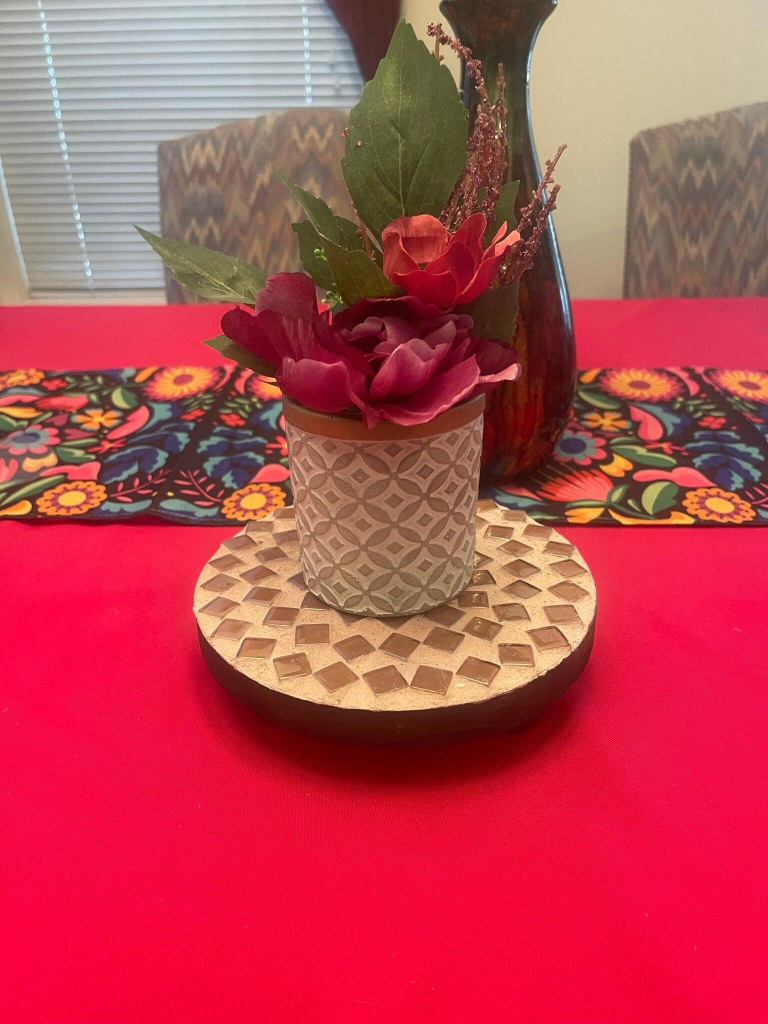 Handmade Sandy Beach mosaic plant stand with colorful tile design and sturdy metal frame for indoor or outdoor use.