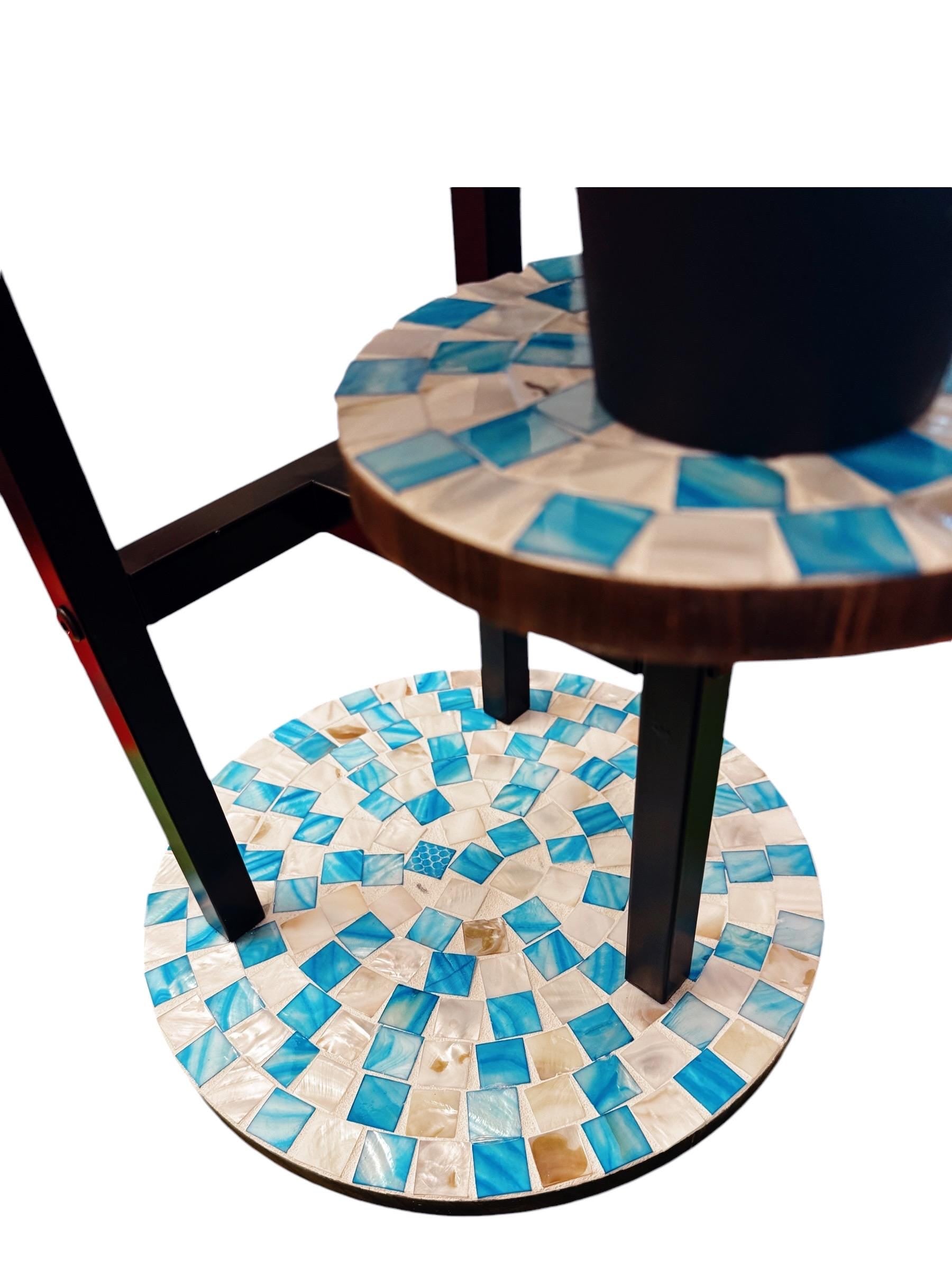 Multi-level 3-tier mosaic plant stand with colorful ceramic surfaces for indoor or outdoor display, designed by My Store.