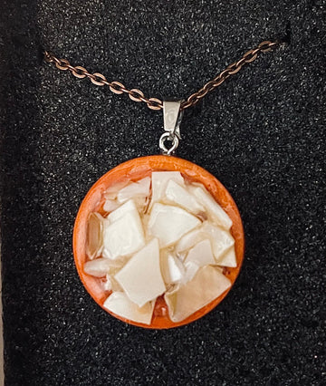 Artisan mosaic shell circle pendant with colorful shell inlay, crafted by My Store, hanging on a silver chain.