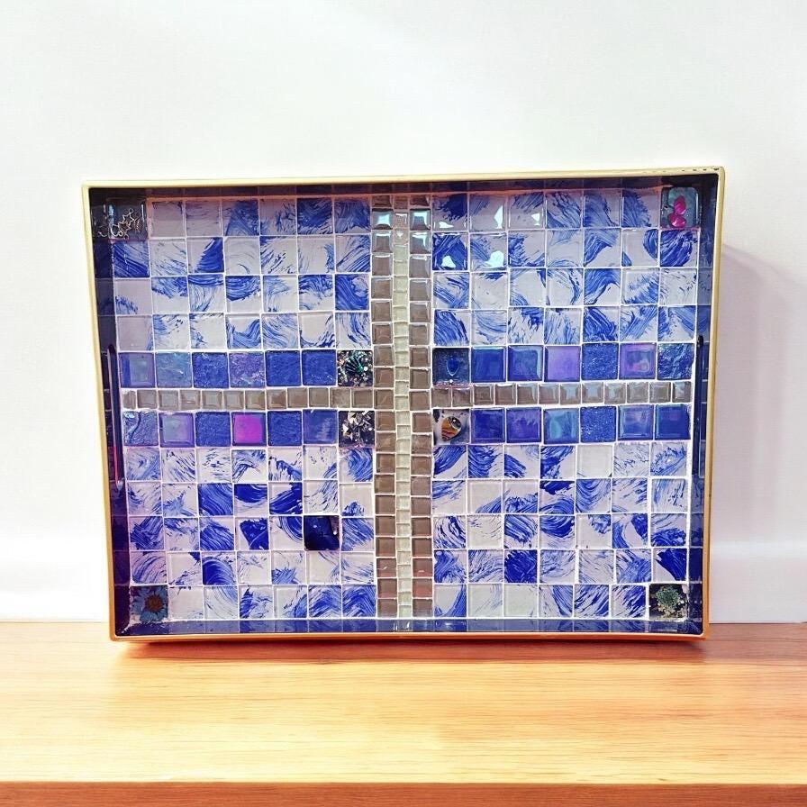 Artisan Ocean Blue mosaic serving tray with intricate tile pattern, handcrafted design, and wooden handles for serving and display.