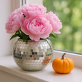 Mirror Ball Disco Globe Vase with reflective, spherical surface, perfect for decorative floral arrangements or stylish home decor.
