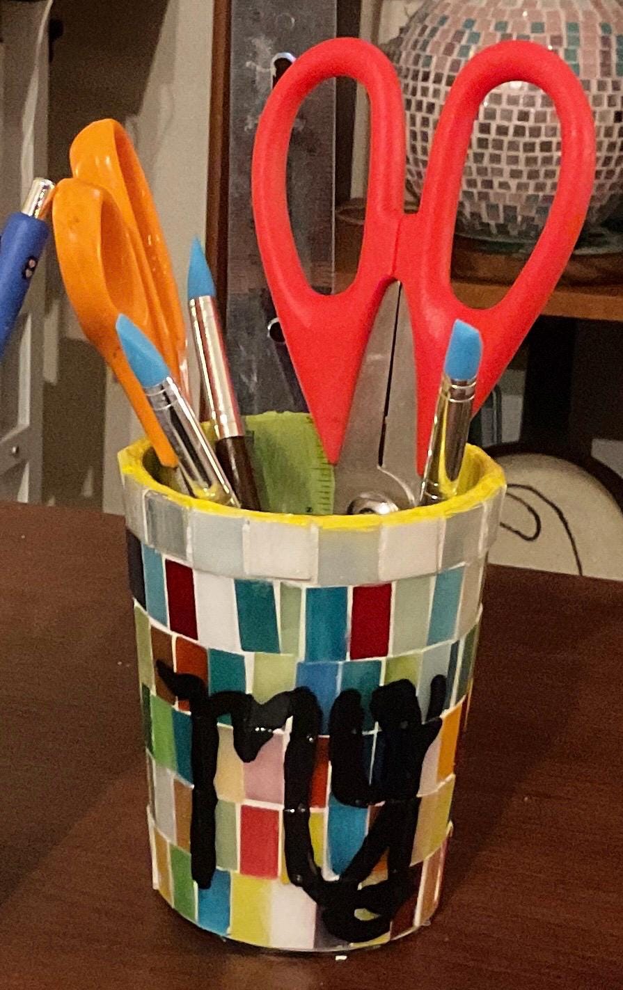 Set of 3 "All My Stuff" storage cups by Miss Bette's Creations, featuring colorful, stackable containers with lids for organization.