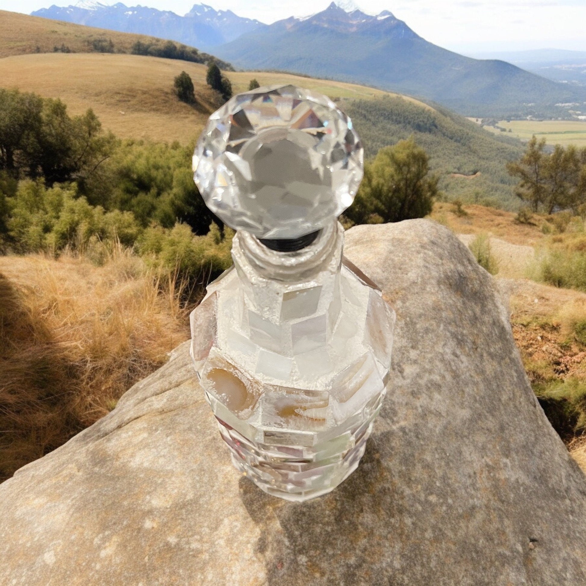 Mother of Pearl mosaic wine decanter with intricate design, showcasing glossy pearl accents and elegant craftsmanship.