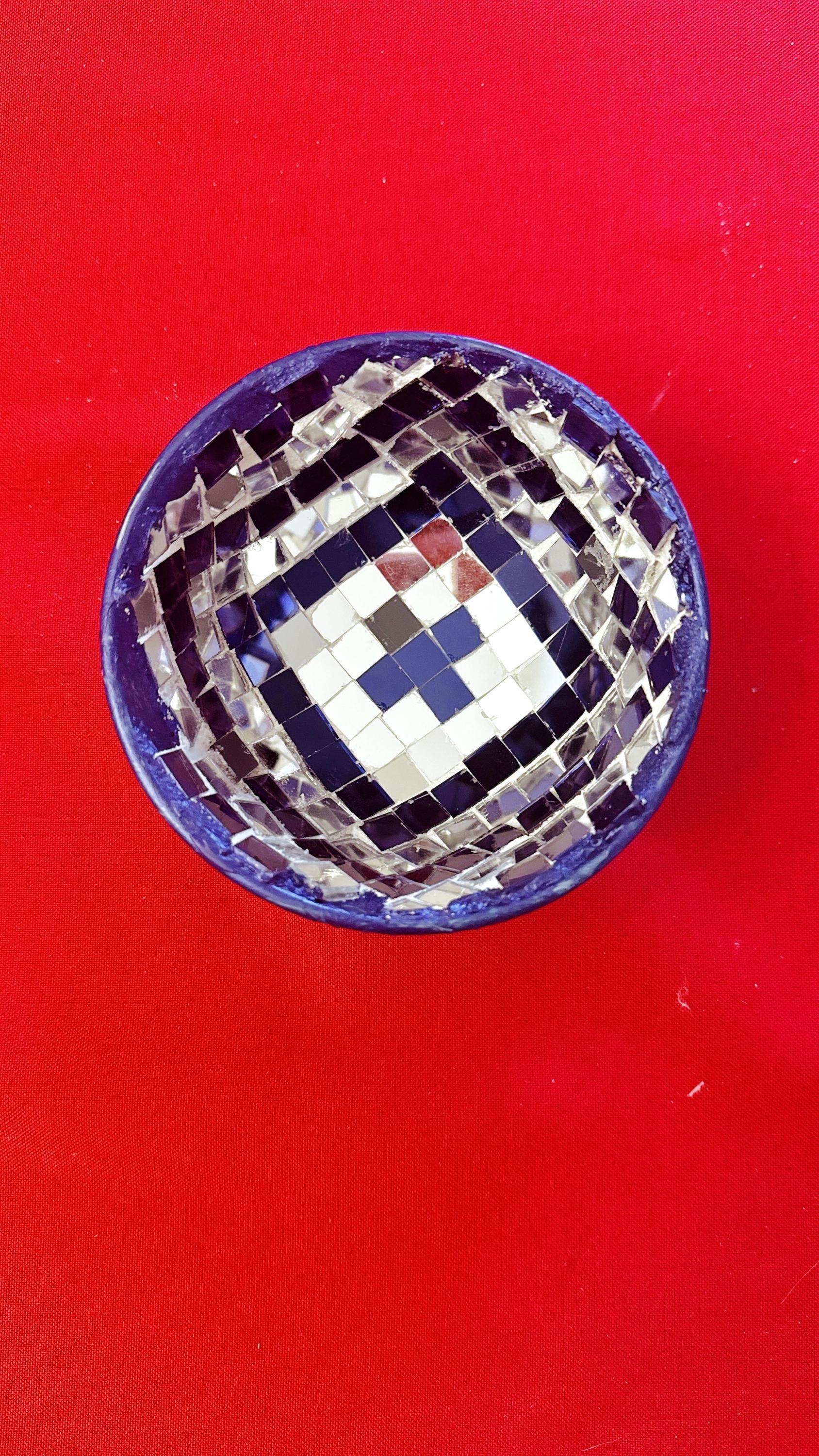 Handcrafted blue and silver mosaic disco bowl with intricate geometric patterns, perfect for decorative or party use.