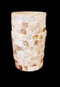Ivory Coast Mother of Pearl cylindrical vase with iridescent finish, showcasing elegant craftsmanship and smooth surface details.