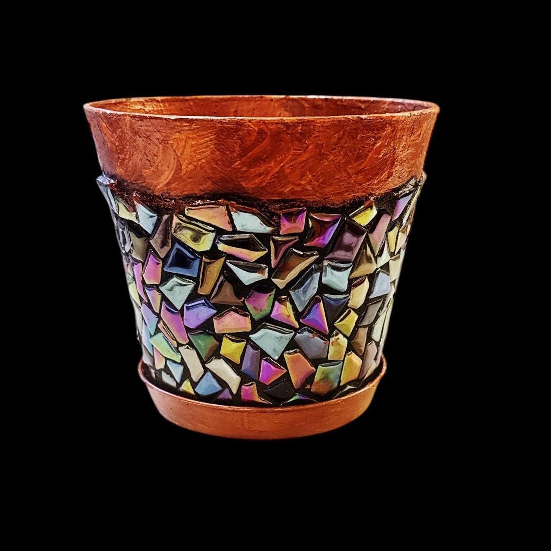 Iridescent mosaic planter with handcrafted glass tiles, featuring a round shape and vibrant colors for indoor or outdoor use.