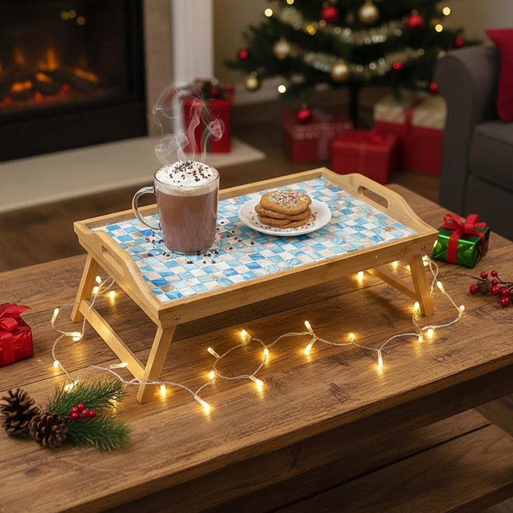 Luxury bamboo bed tray with mosaic inlay, featuring a sturdy design and elegant craftsmanship for serving breakfast or snacks.