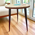 Tall mother of pearl mosaic plant stand by Miss Bette's Creations with intricate tiling and a sturdy wooden frame.