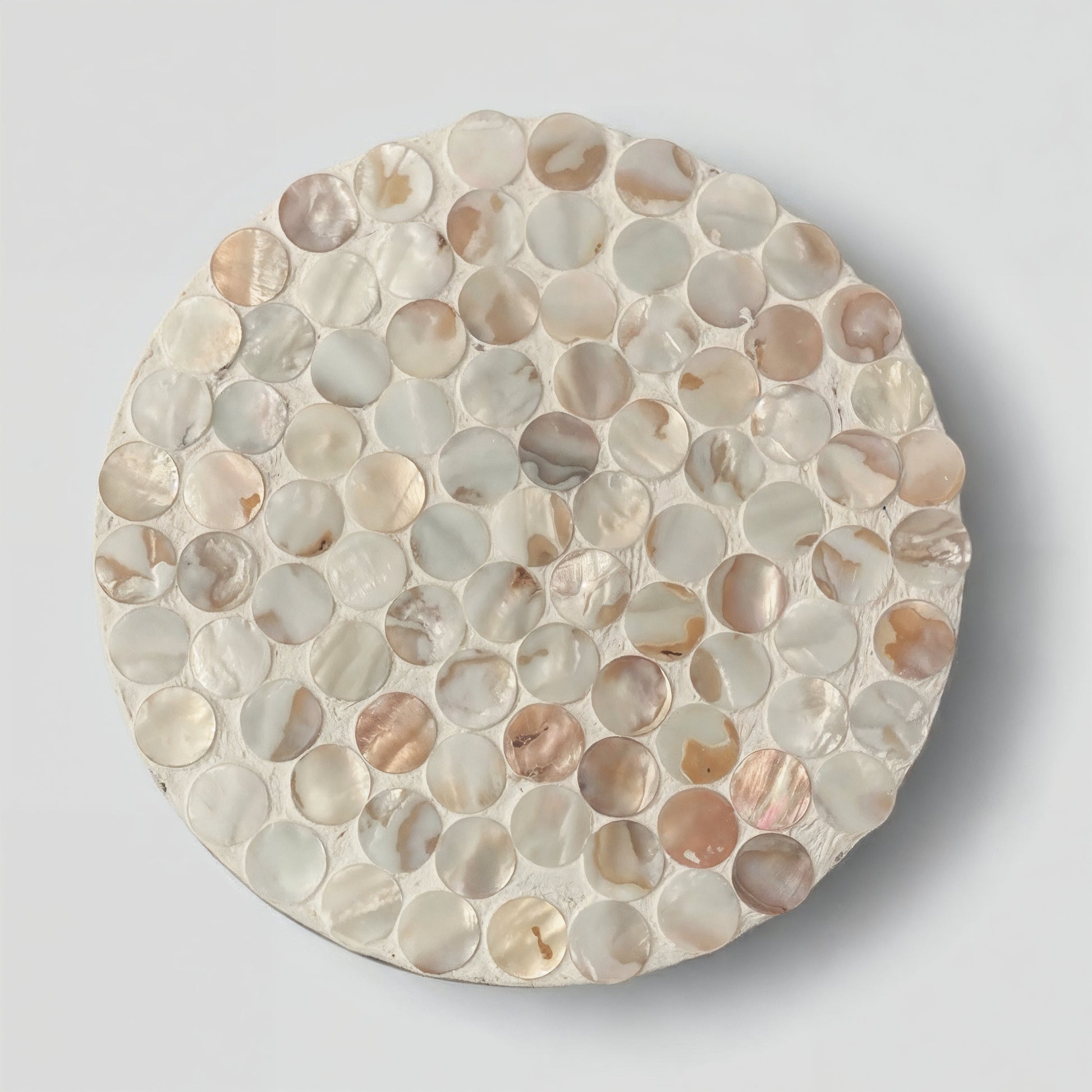 Handmade mother of pearl mosaic decorative stand by Miss Bette's Creations, featuring intricate pearl inlay and elegant design.