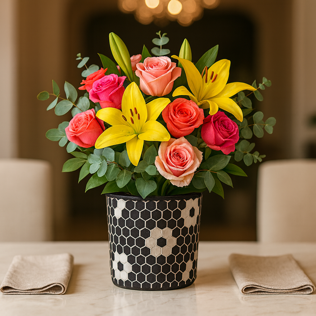Modern hexagonal honeycomb mosaic vase with a geometric design, featuring a sleek, contemporary style in neutral tones.