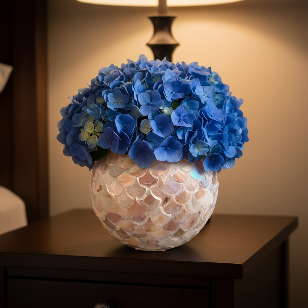 Handcrafted scalloped capiz-style mosaic bowl with iridescent shell pieces, showcasing intricate design and shimmering finish.