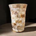 Handcrafted tapered mosaic vase with mother of pearl inlay, showcasing intricate geometric patterns and a glossy finish.