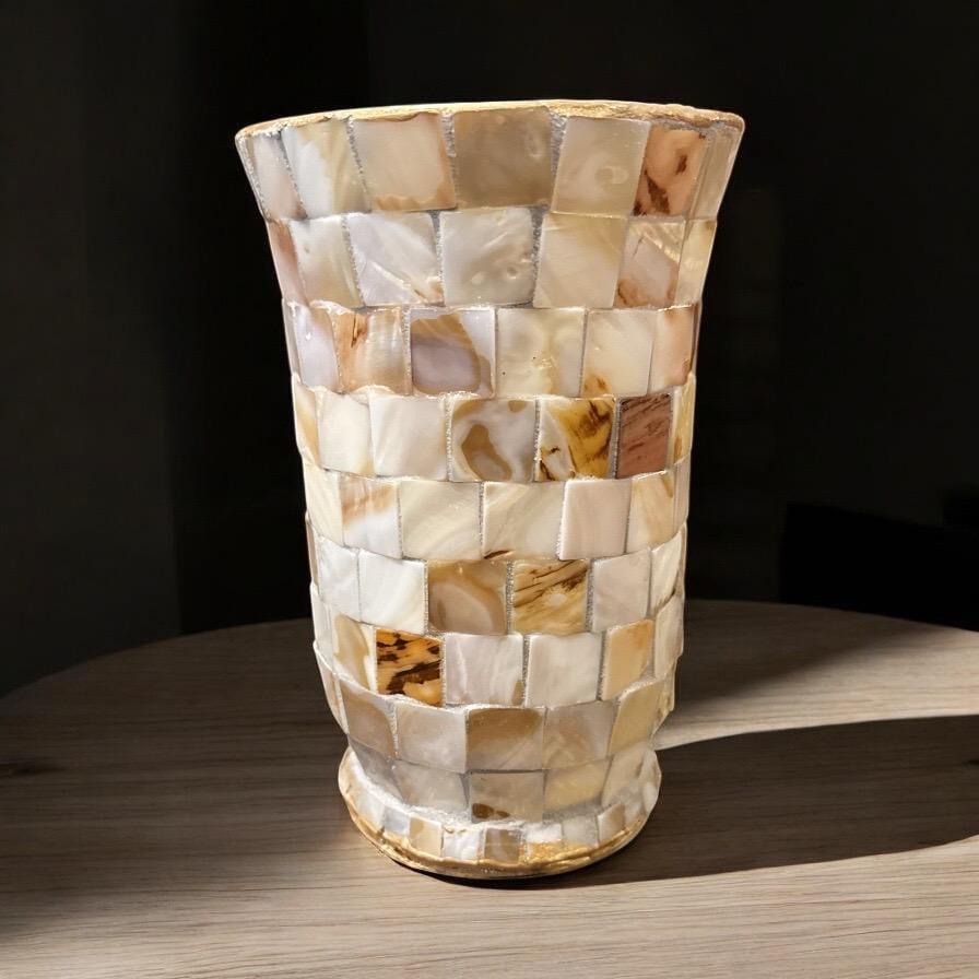 Handcrafted tapered mosaic vase with mother of pearl inlay, showcasing intricate geometric patterns and a glossy finish.