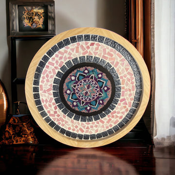 Handcrafted circular mosaic mandala wall art featuring intricate colorful patterns, ideal for home decor.