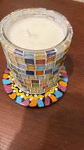Artisan handcrafted mosaic glass jar with bamboo lid, featuring colorful glass mosaic design and natural bamboo top.