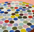Handcrafted polka dot rainbow mosaic plant stand by Miss Bette's Creations, featuring colorful mosaic tiles and sturdy design.